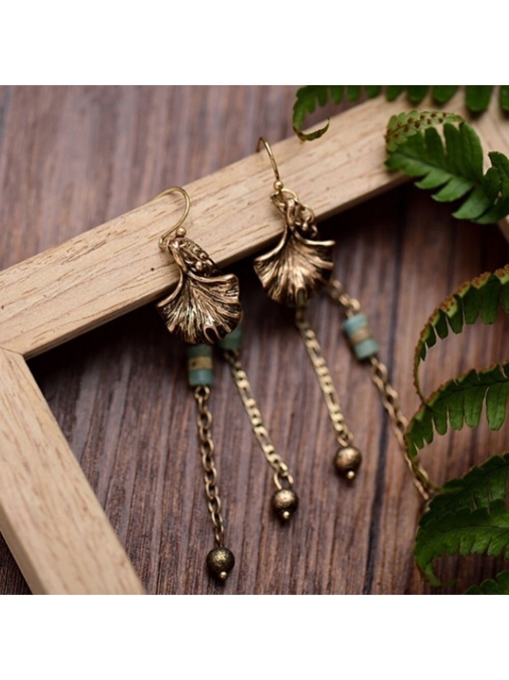 Amazonite Gold Leaf Dangle Chain Earrings Artisan Hand Crafted New